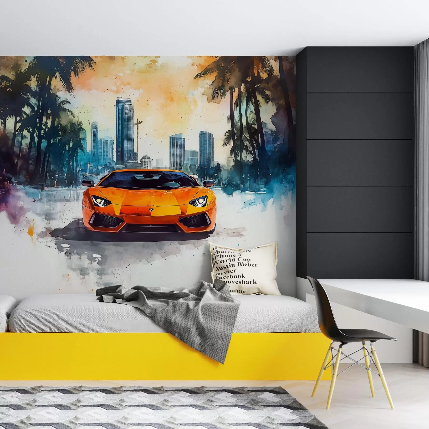 Fototapete Heller moderner Sportwagen auf dem Hintergrund von Palmen und Wolkenkratzern in Aquarelltechnik a la prima w01964