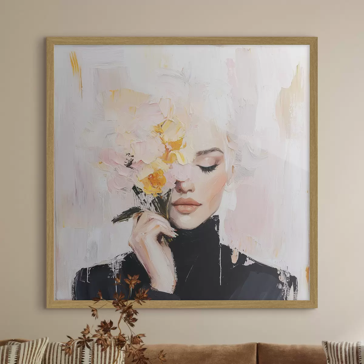 Poster Abstrakte Frau mit einem Blumenstrauß in den Händen mit Pinselstrichen f41355
