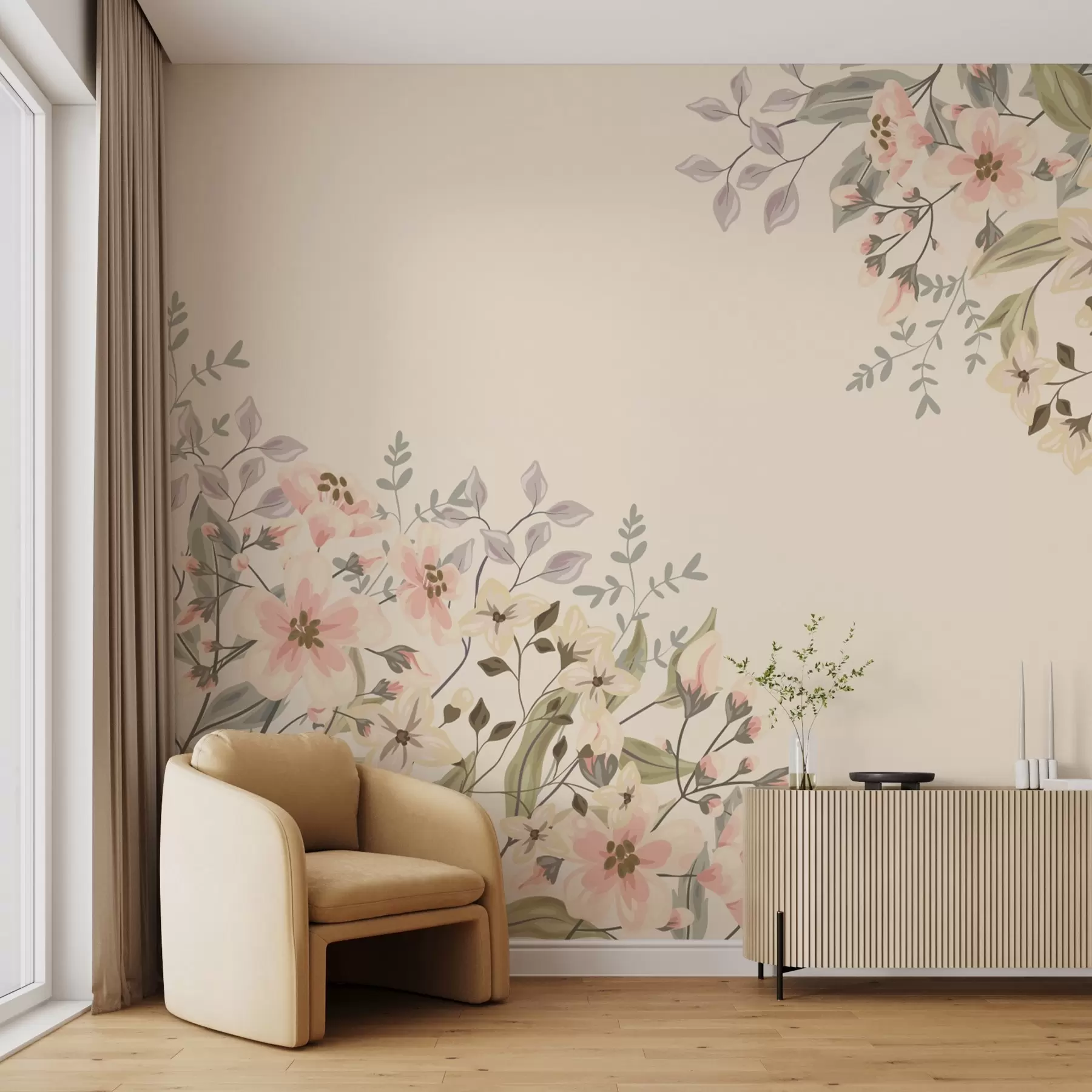 Fototapete blumen und Blätter in den Ecken auf einem beigen Hintergrund w02095