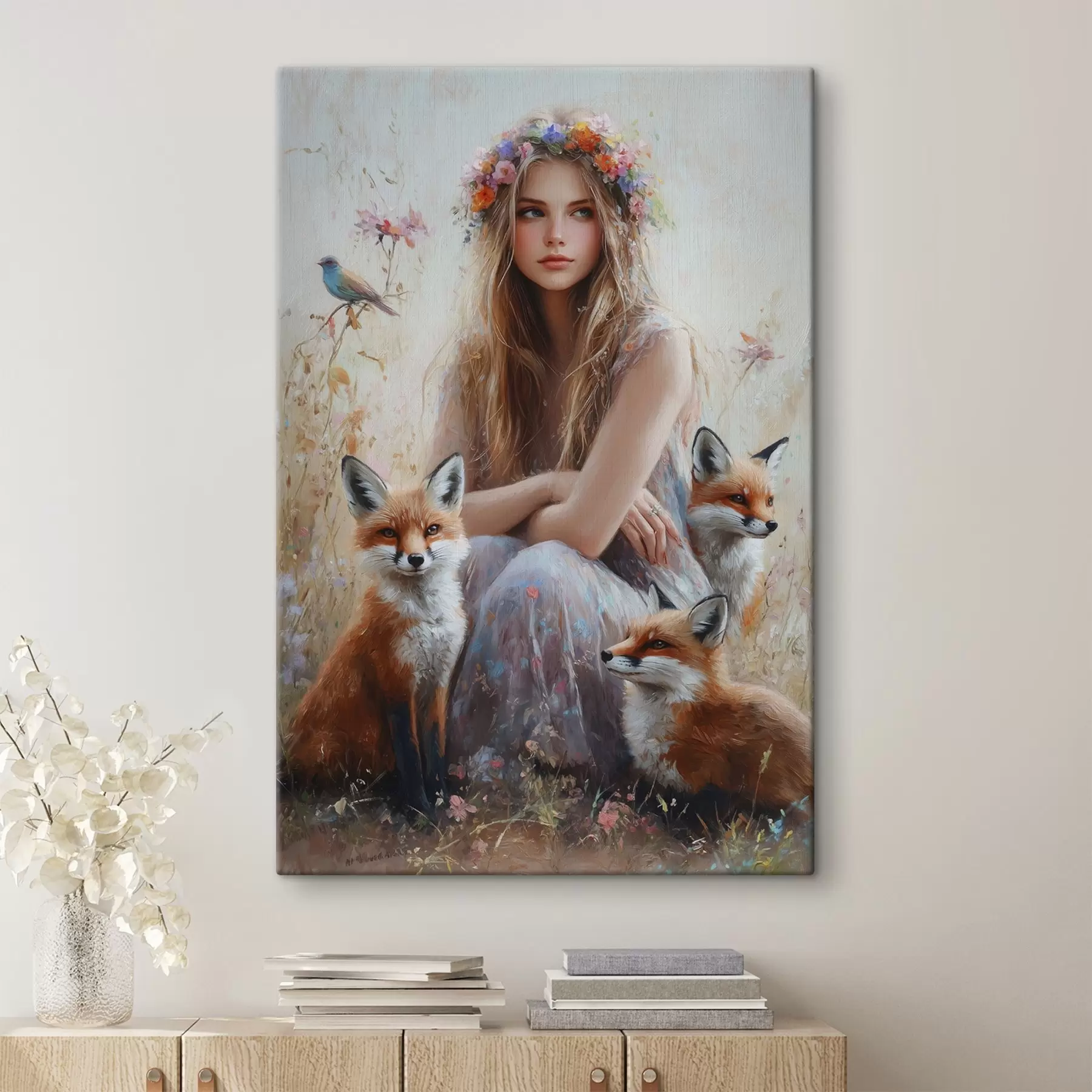 Fototapete Mädchen auf der Wiese, wilde Tiere, Füchse, Vögel, Blumenkranz  s41451