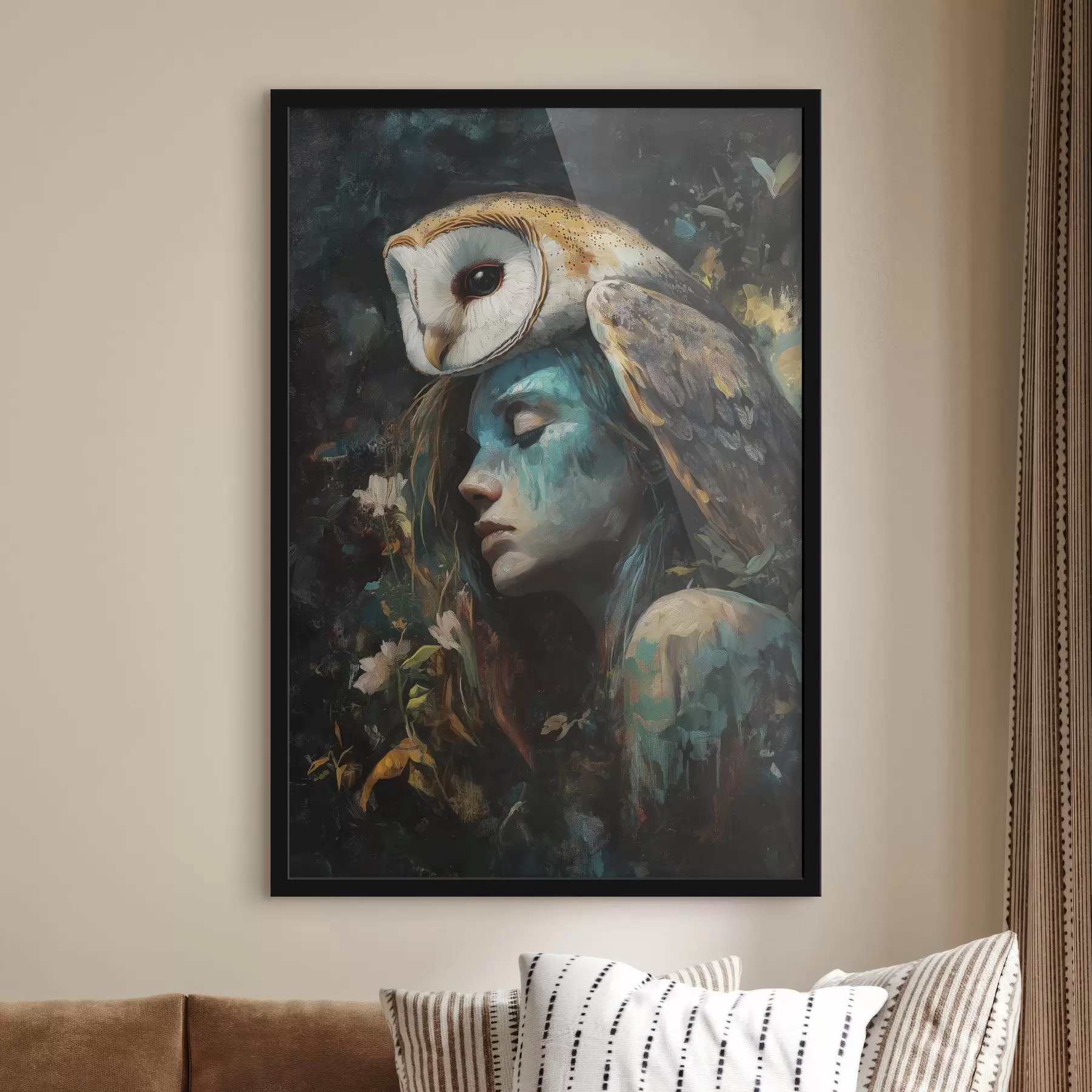 Fototapete Ölzeichnung, schöne Eule mit junger Frau, floral f41446