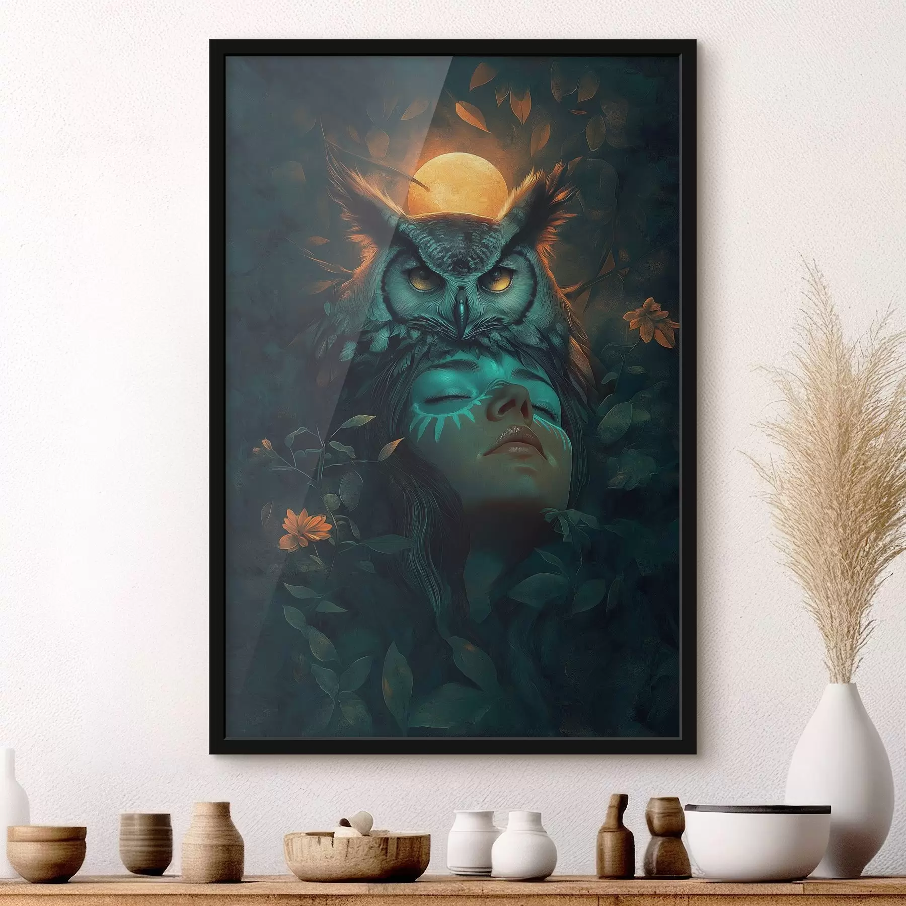 Fototapete Majestätische Eule, Vollmond, schöne Frau, Blumen f41448