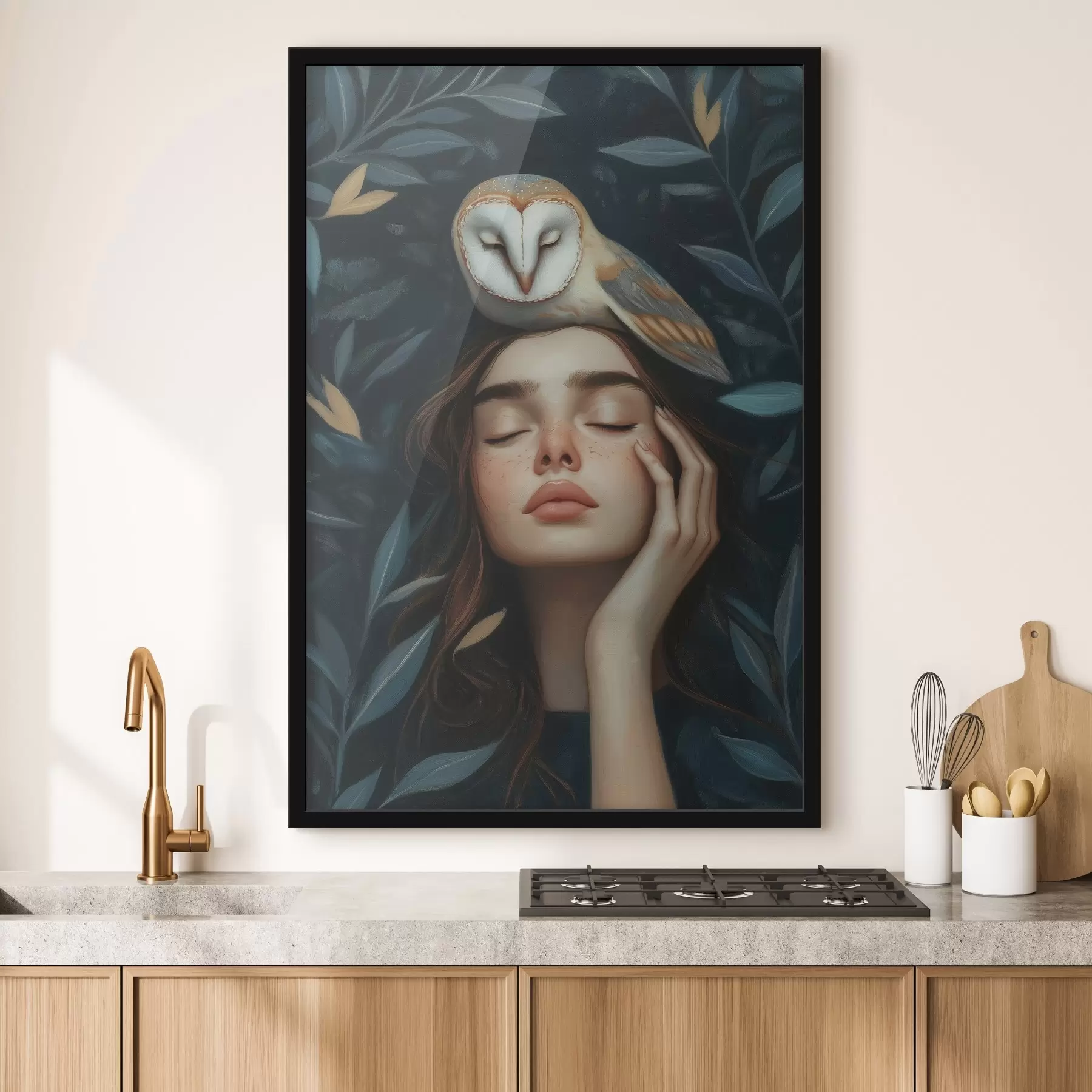 Fototapete Junges Mädchen im Laub mit schöner Eule, Acrylzeichnung f41449