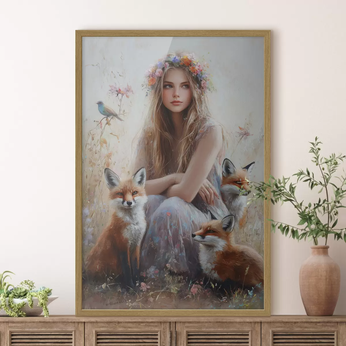 Poster Mädchen auf der Wiese, wilde Tiere, Füchse, Vögel, Blumenkranz f41451