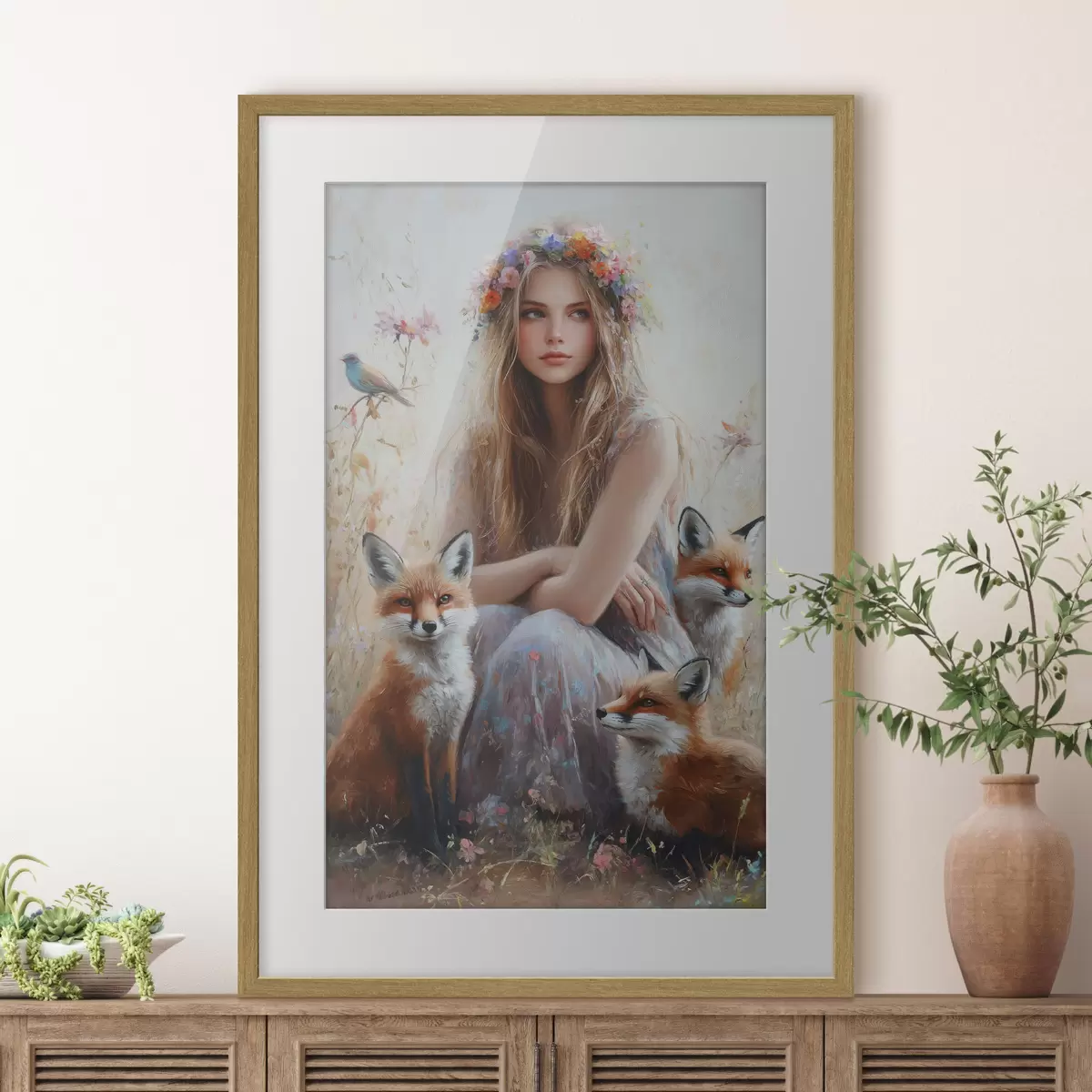 Poster Mädchen auf der Wiese, wilde Tiere, Füchse, Vögel, Blumenkranz f41451