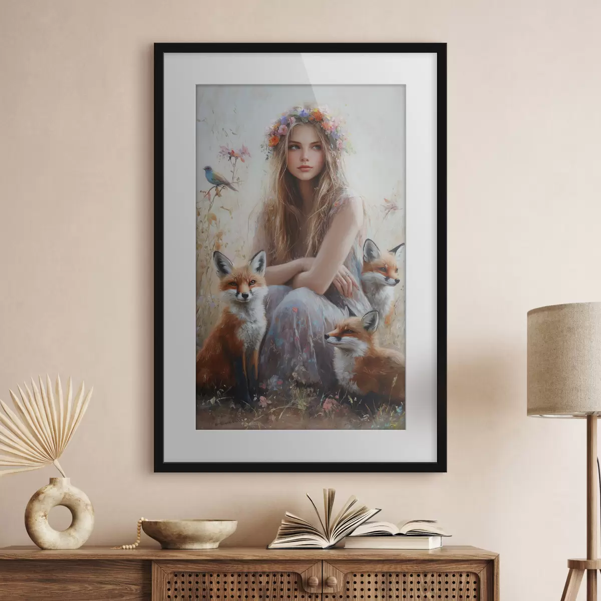 Poster Mädchen auf der Wiese, wilde Tiere, Füchse, Vögel, Blumenkranz f41451