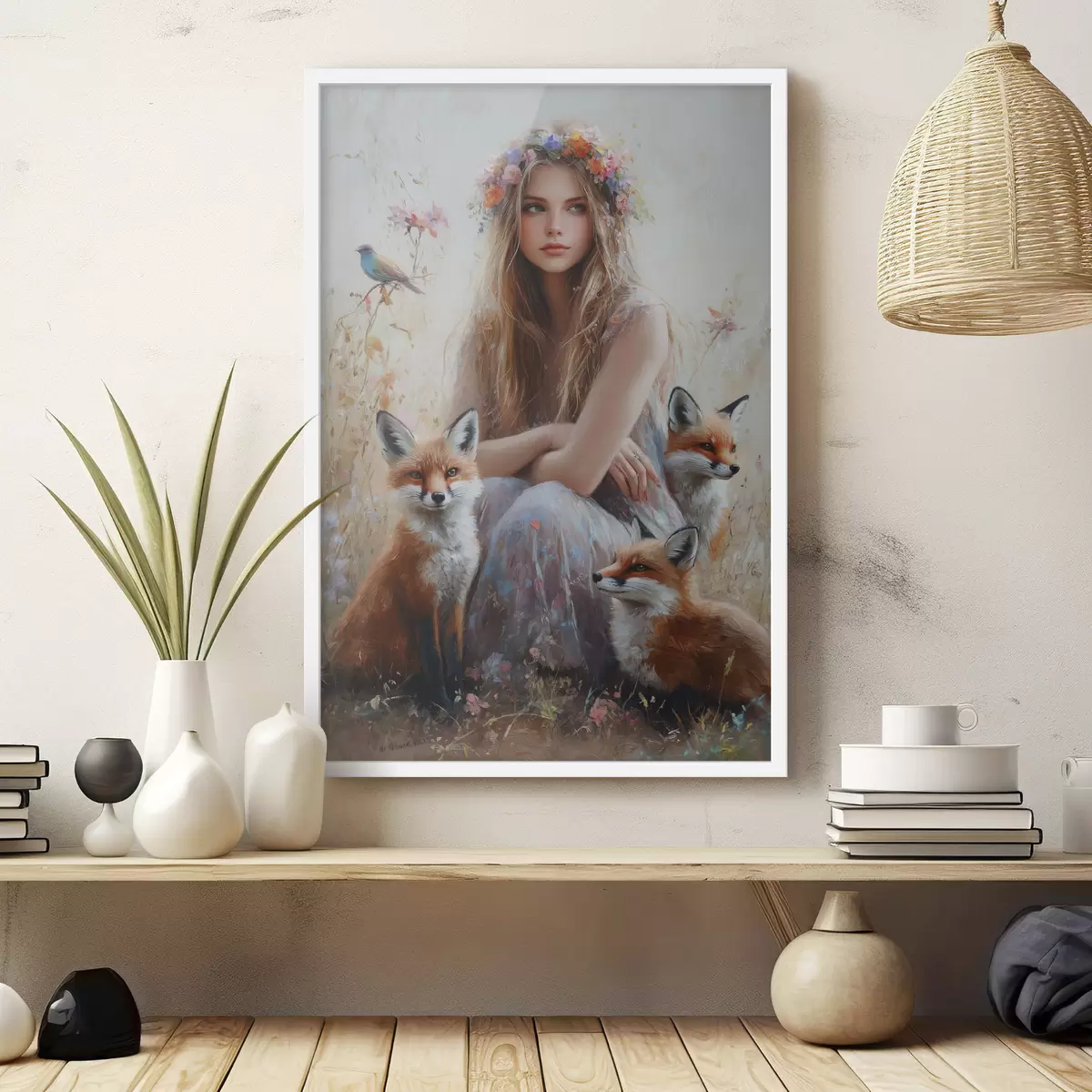 Poster Mädchen auf der Wiese, wilde Tiere, Füchse, Vögel, Blumenkranz f41451