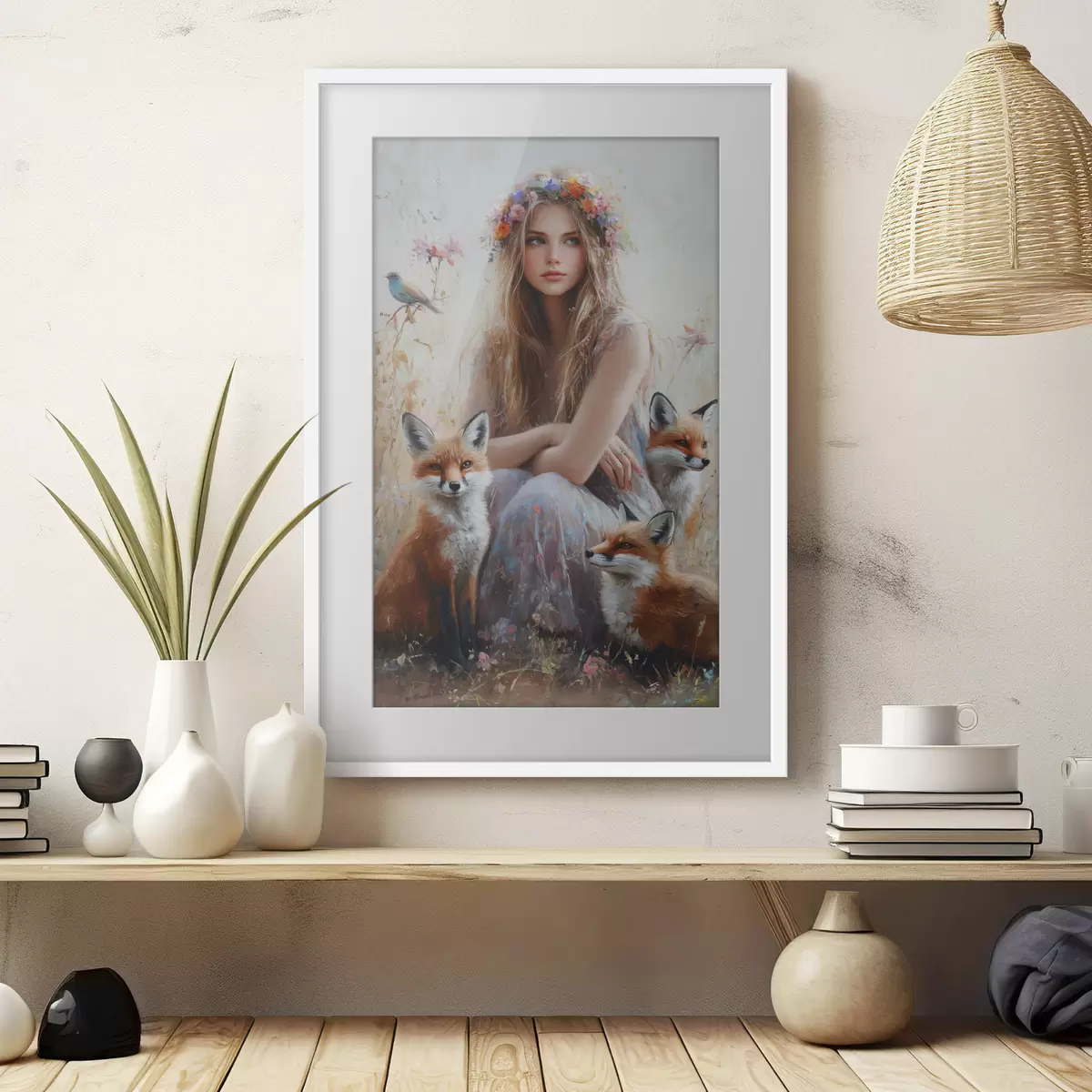 Poster Mädchen auf der Wiese, wilde Tiere, Füchse, Vögel, Blumenkranz f41451