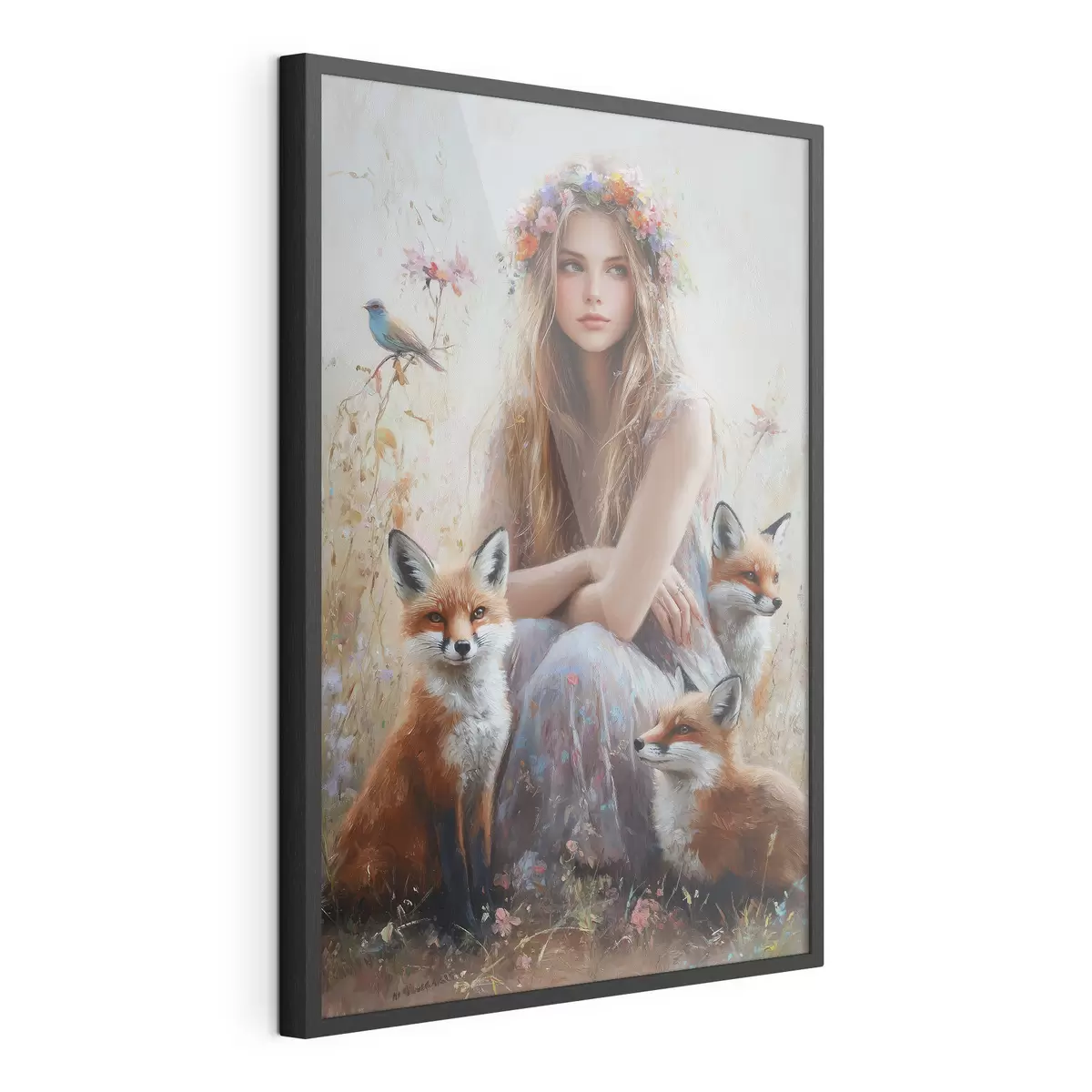 Poster Mädchen auf der Wiese, wilde Tiere, Füchse, Vögel, Blumenkranz f41451