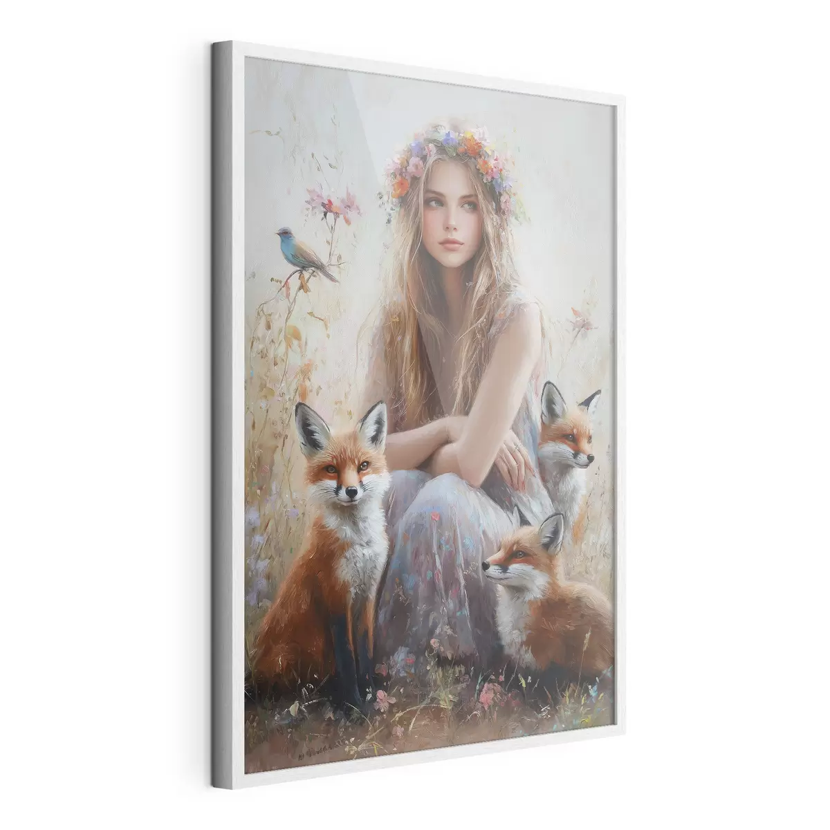 Poster Mädchen auf der Wiese, wilde Tiere, Füchse, Vögel, Blumenkranz f41451