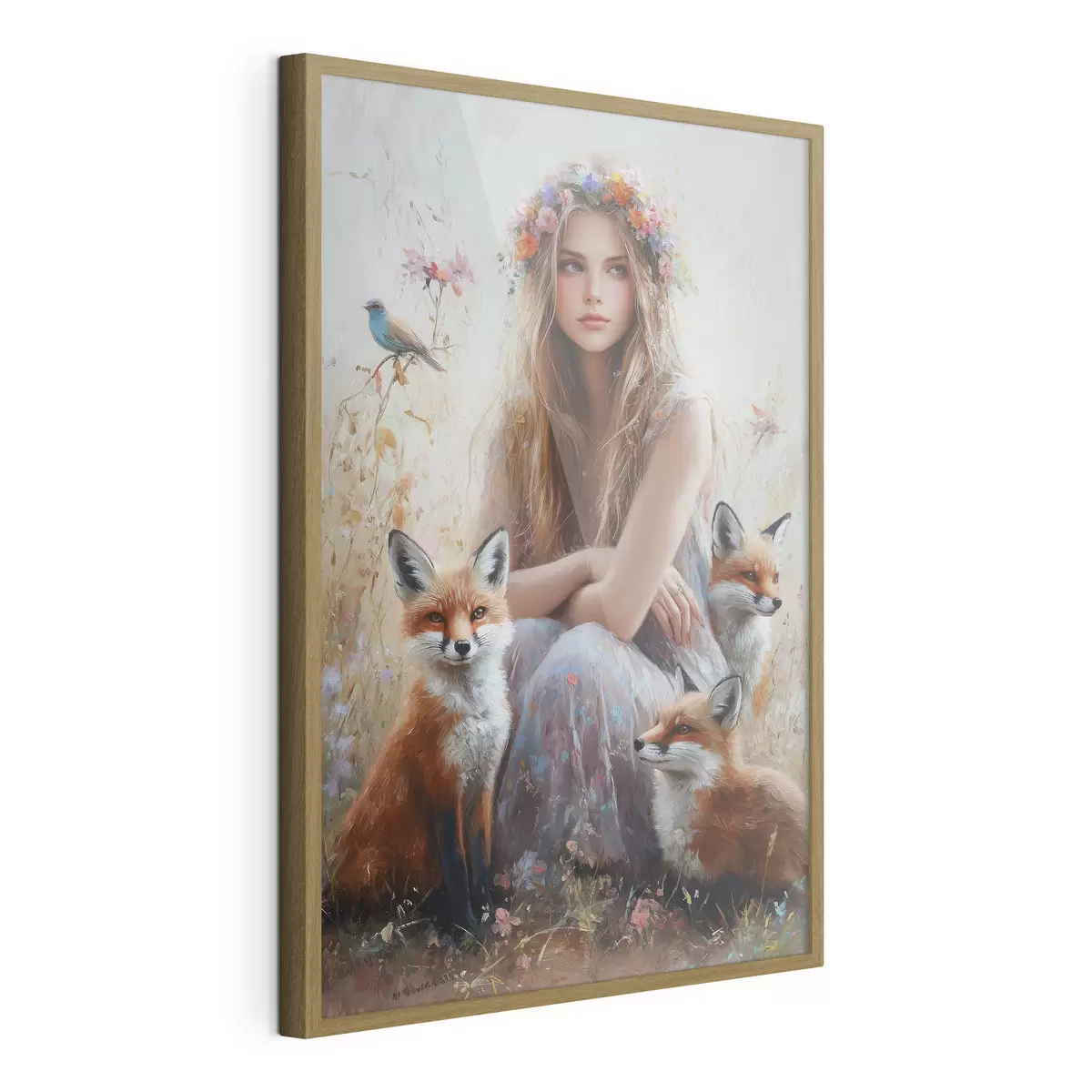 Poster Mädchen auf der Wiese, wilde Tiere, Füchse, Vögel, Blumenkranz f41451