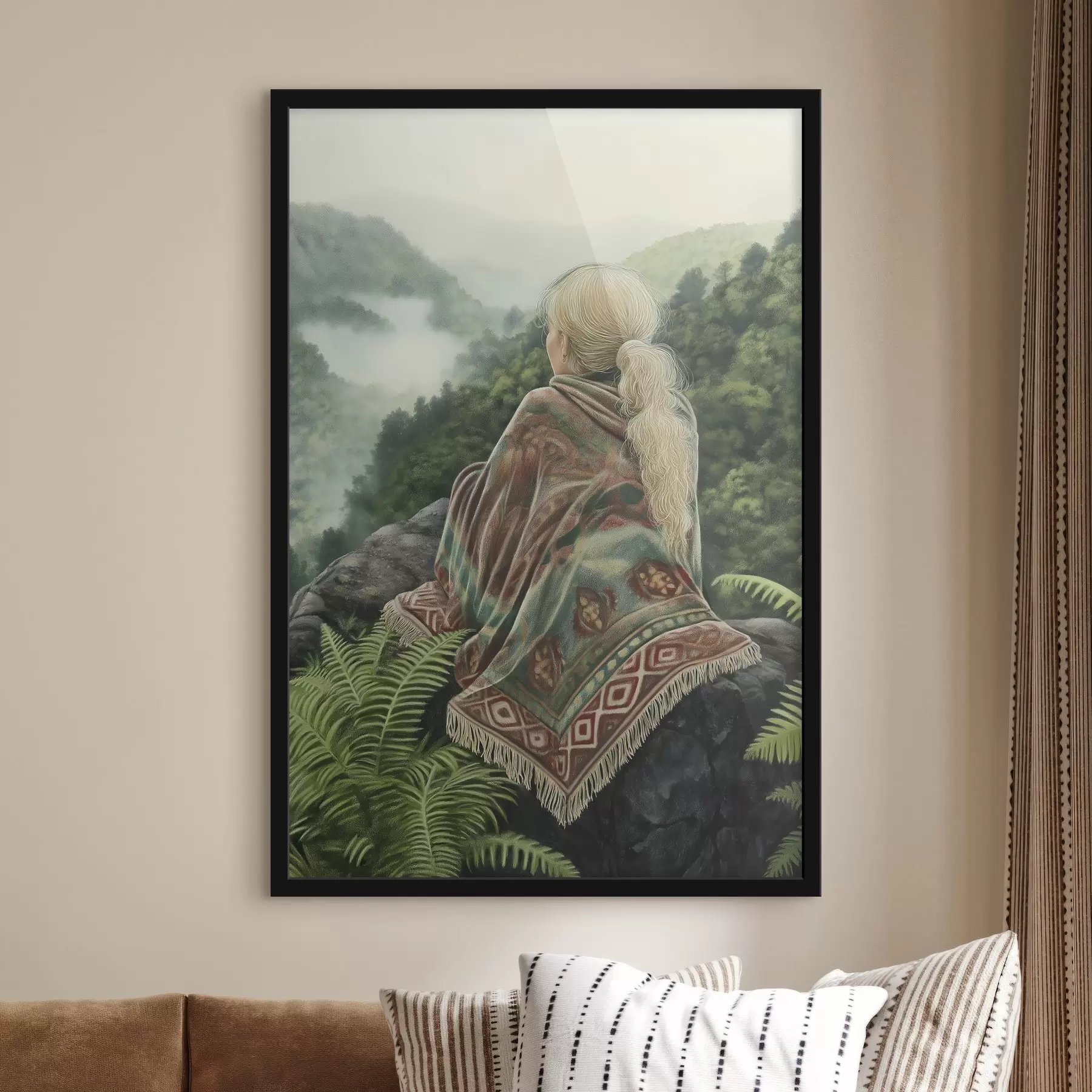 Fototapete Mädchen in der Decke sitzt auf dem Felsen, mounrains, Wald Nebel, Natur Landschaftsgestaltung f41454