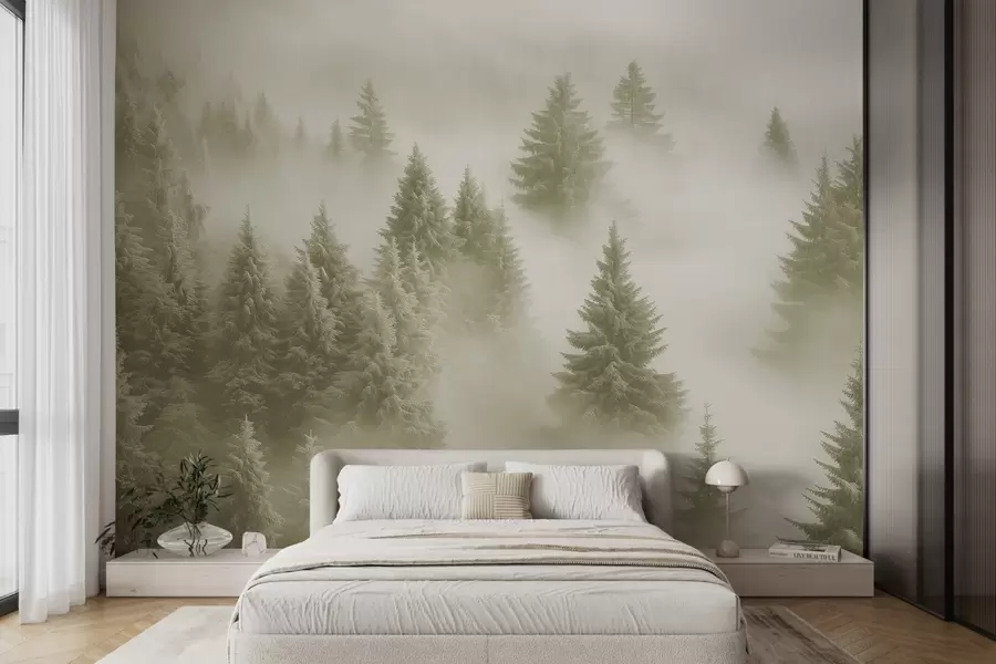 Fototapete Dichter Nebel umhüllt einen verschneiten Morgenwald in sanften Grüntönen w02064v2