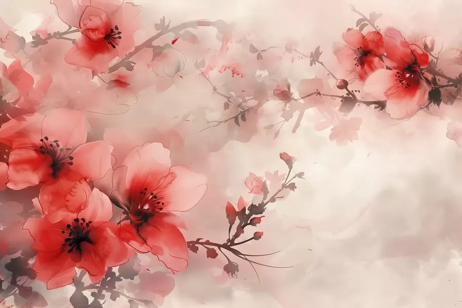 Fototapete Aquarell Komposition von roten Blumen auf dunklen Zweigen w02068v2