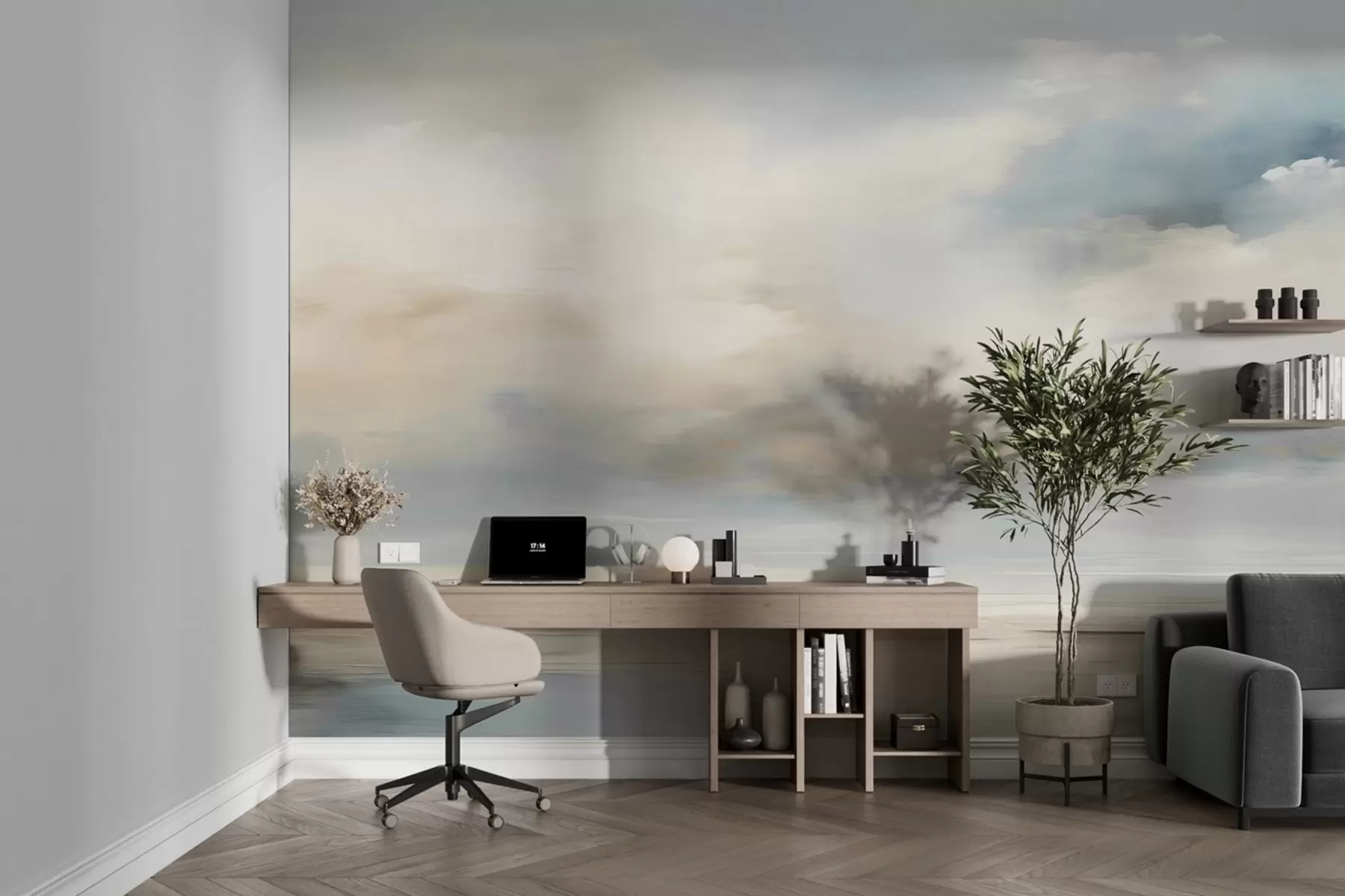 Fototapete Gemalte Aquarelllandschaft mit Wolken und Meer w02116