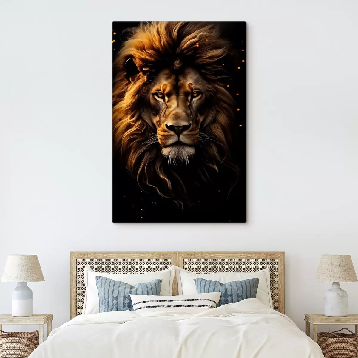 Fototapete Mächtiger Löwe auf dunklem Hintergrund mit feurigen Highlights s41479