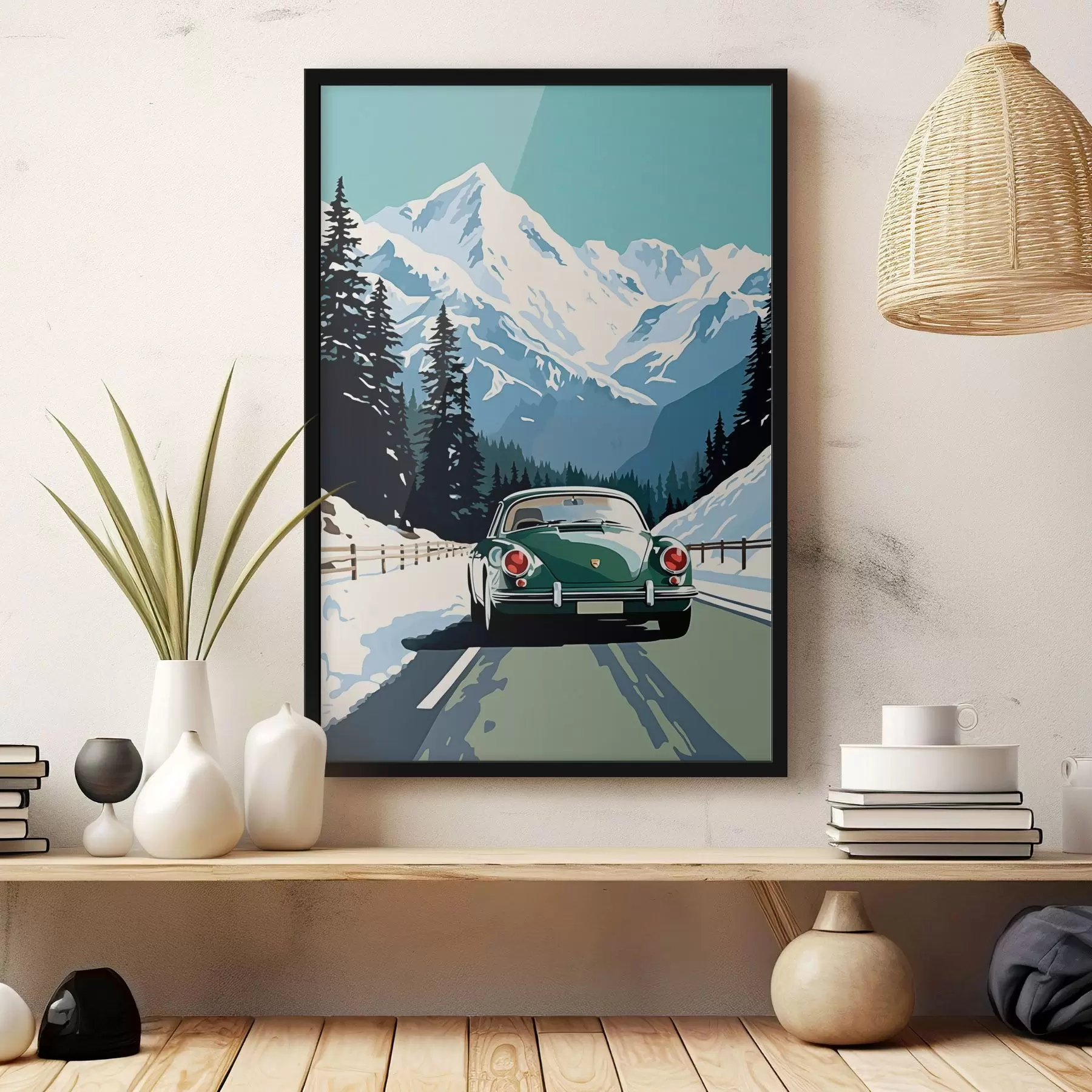 Fototapete Retro-Auto auf winterlicher Bergstraße f41478