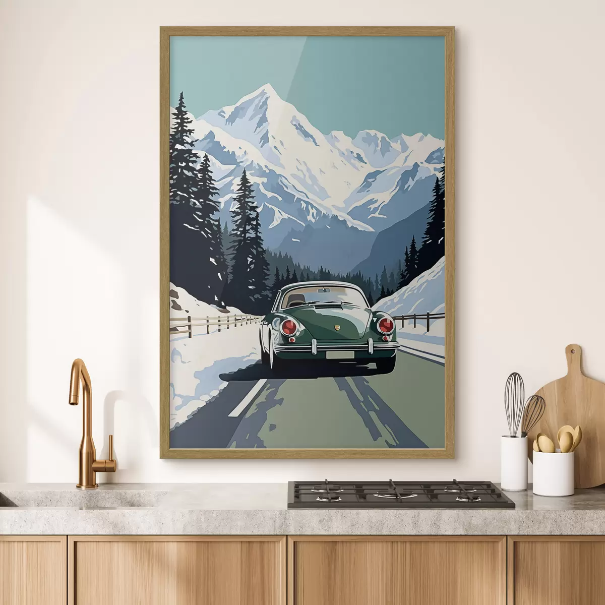 Poster Retro-Auto auf winterlicher Bergstraße f41478