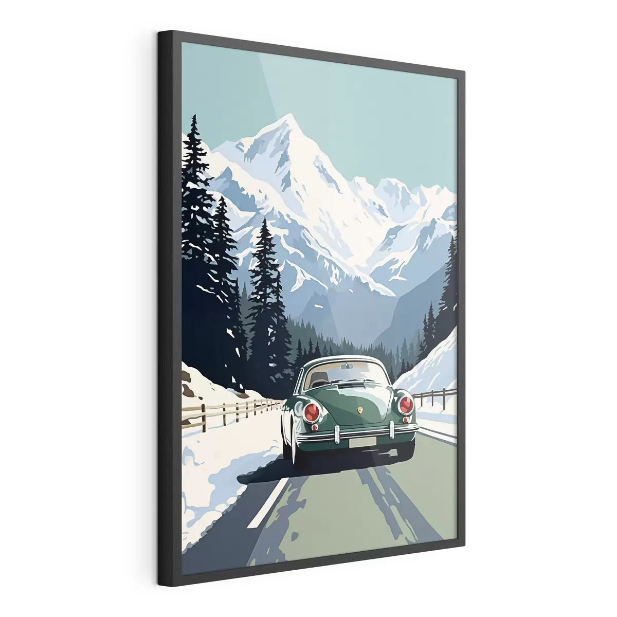 Poster Retro-Auto auf winterlicher Bergstraße f41478