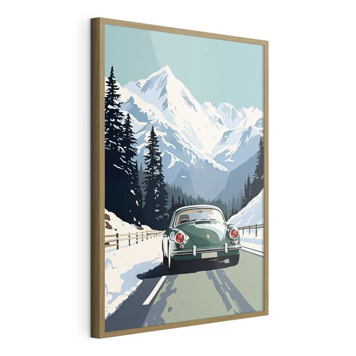 Poster Retro-Auto auf winterlicher Bergstraße f41478