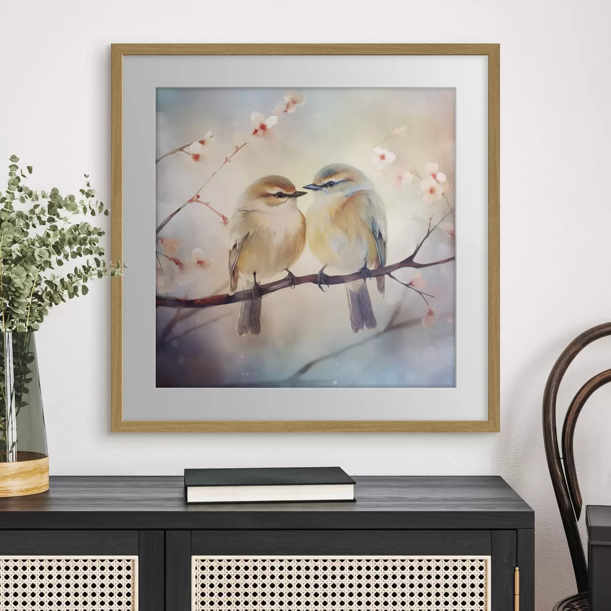 Poster Ein Vogelpaar sitzt auf einem blühenden Zweig f41476