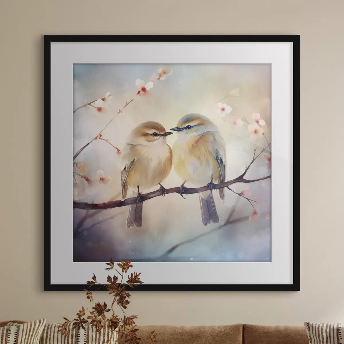 Poster Ein Vogelpaar sitzt auf einem blühenden Zweig f41476