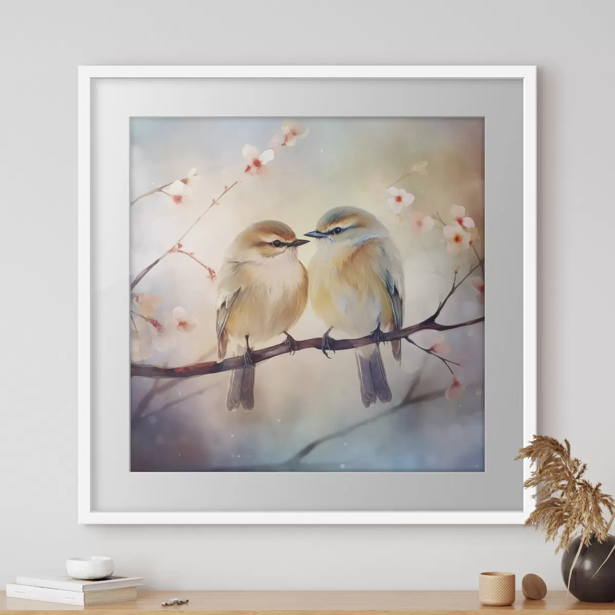 Poster Ein Vogelpaar sitzt auf einem blühenden Zweig f41476