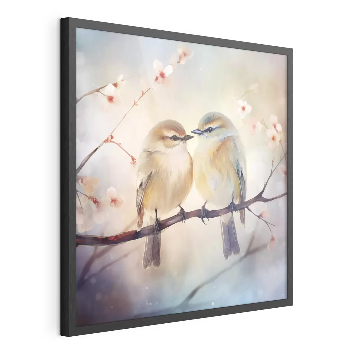 Poster Ein Vogelpaar sitzt auf einem blühenden Zweig f41476