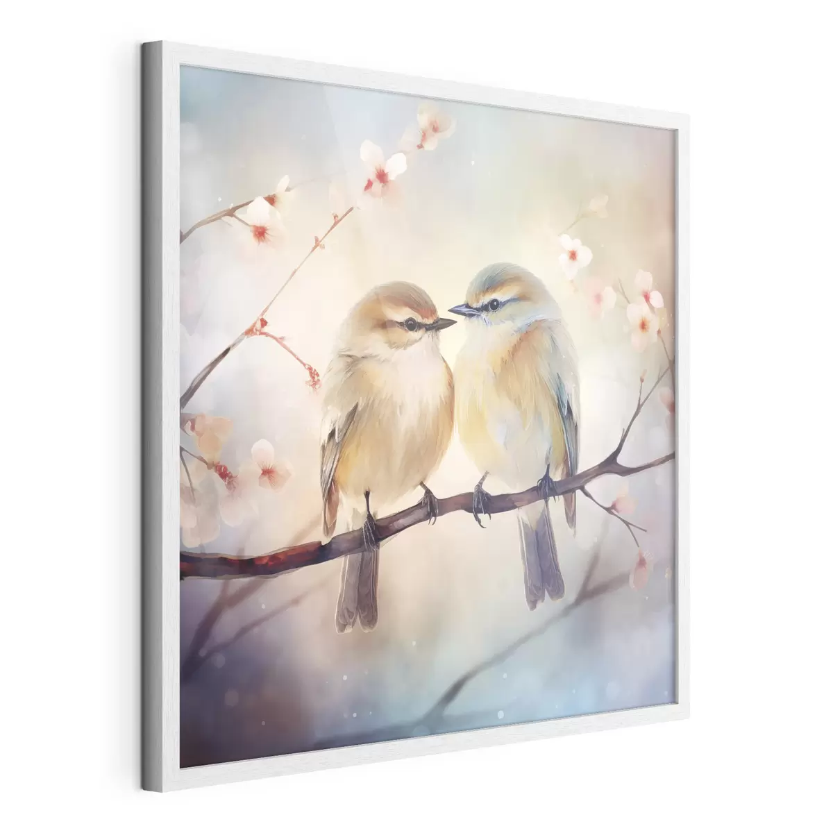 Poster Ein Vogelpaar sitzt auf einem blühenden Zweig f41476