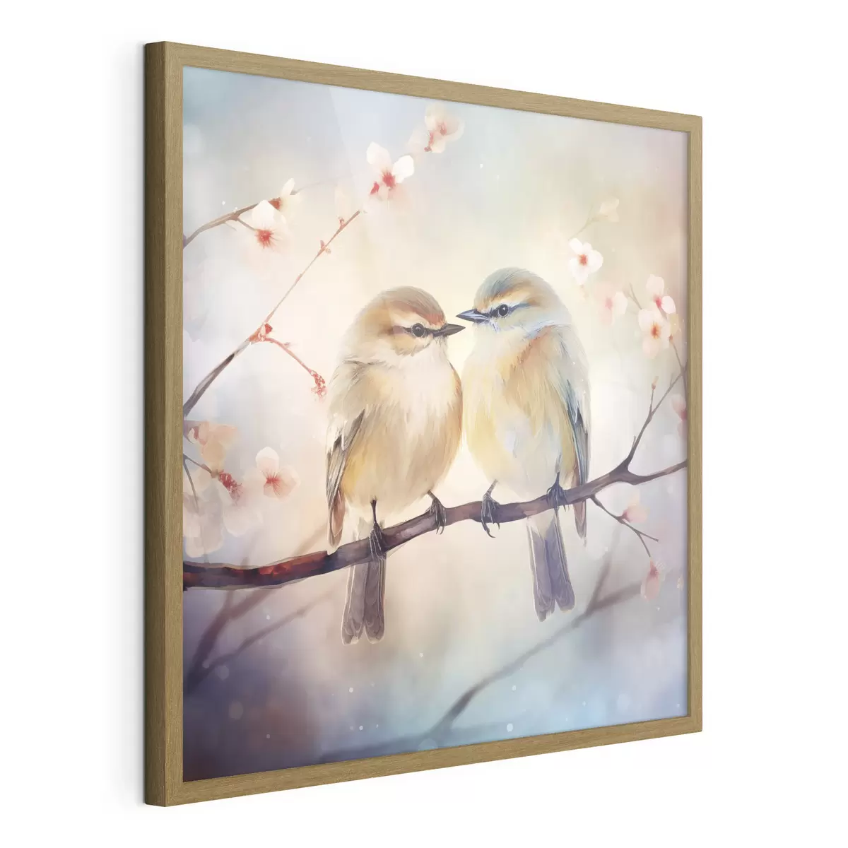 Poster Ein Vogelpaar sitzt auf einem blühenden Zweig f41476