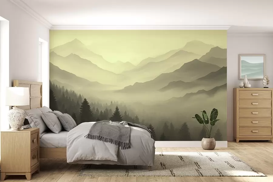 Fototapete Wald und Berge in Grüntönen w02186v1