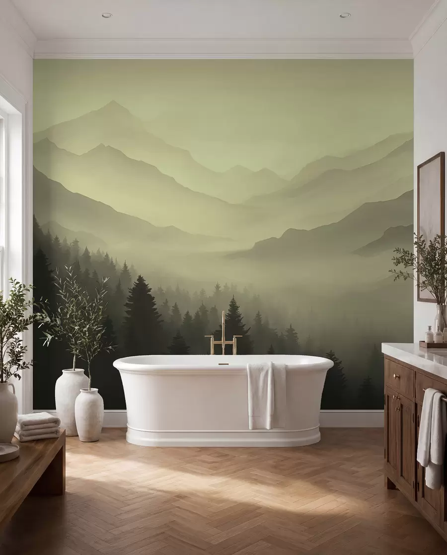 Fototapete Wald und Berge in Grüntönen w02186v1