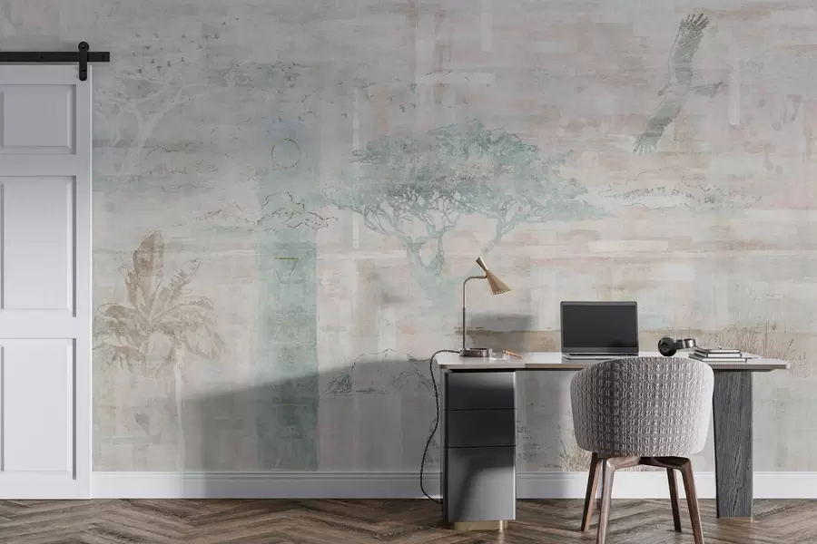 Fototapete Vintage-Grunge-Effekt-Design mit Bäumen, Adler und geometrischen Elementen w02130