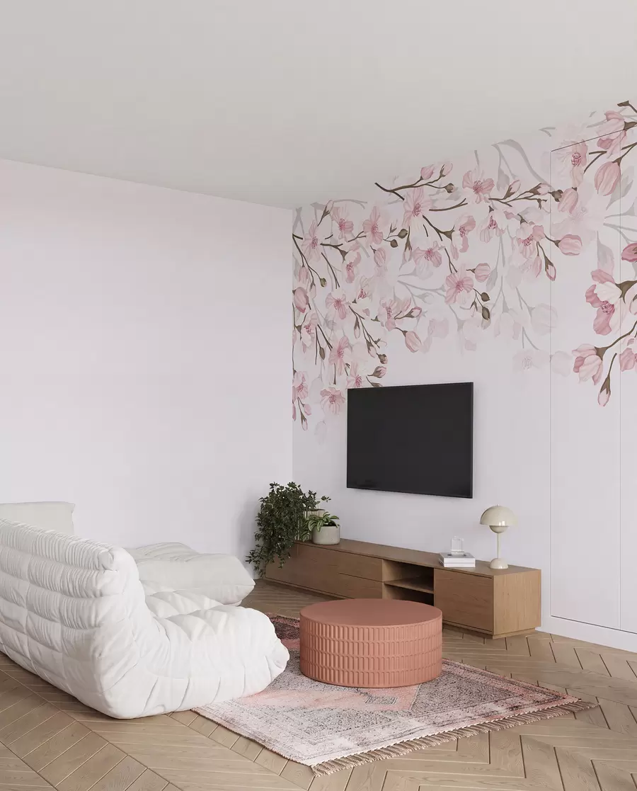 Fototapete rosa blühende Zweige auf einem rosa Hintergrund w02200