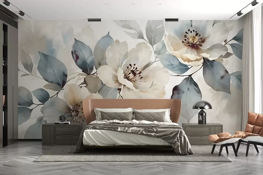 Fototapete Zartes Blumenarrangement mit Aquarellstruktur in Weiß und Blau, mit weichen Blütenblättern und -mitten w08401