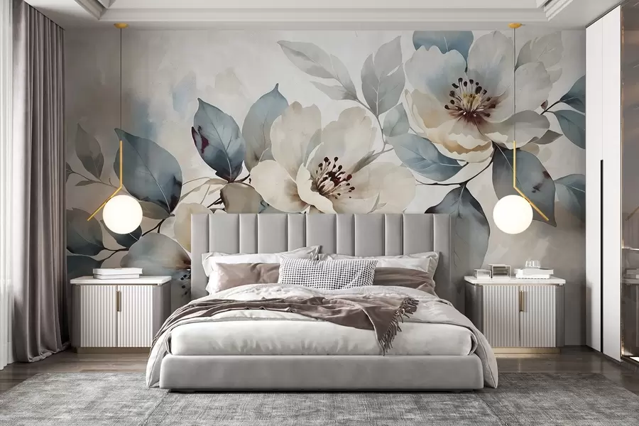 Fototapete Zartes Blumenarrangement mit Aquarellstruktur in Weiß und Blau, mit weichen Blütenblättern und -mitten w08401