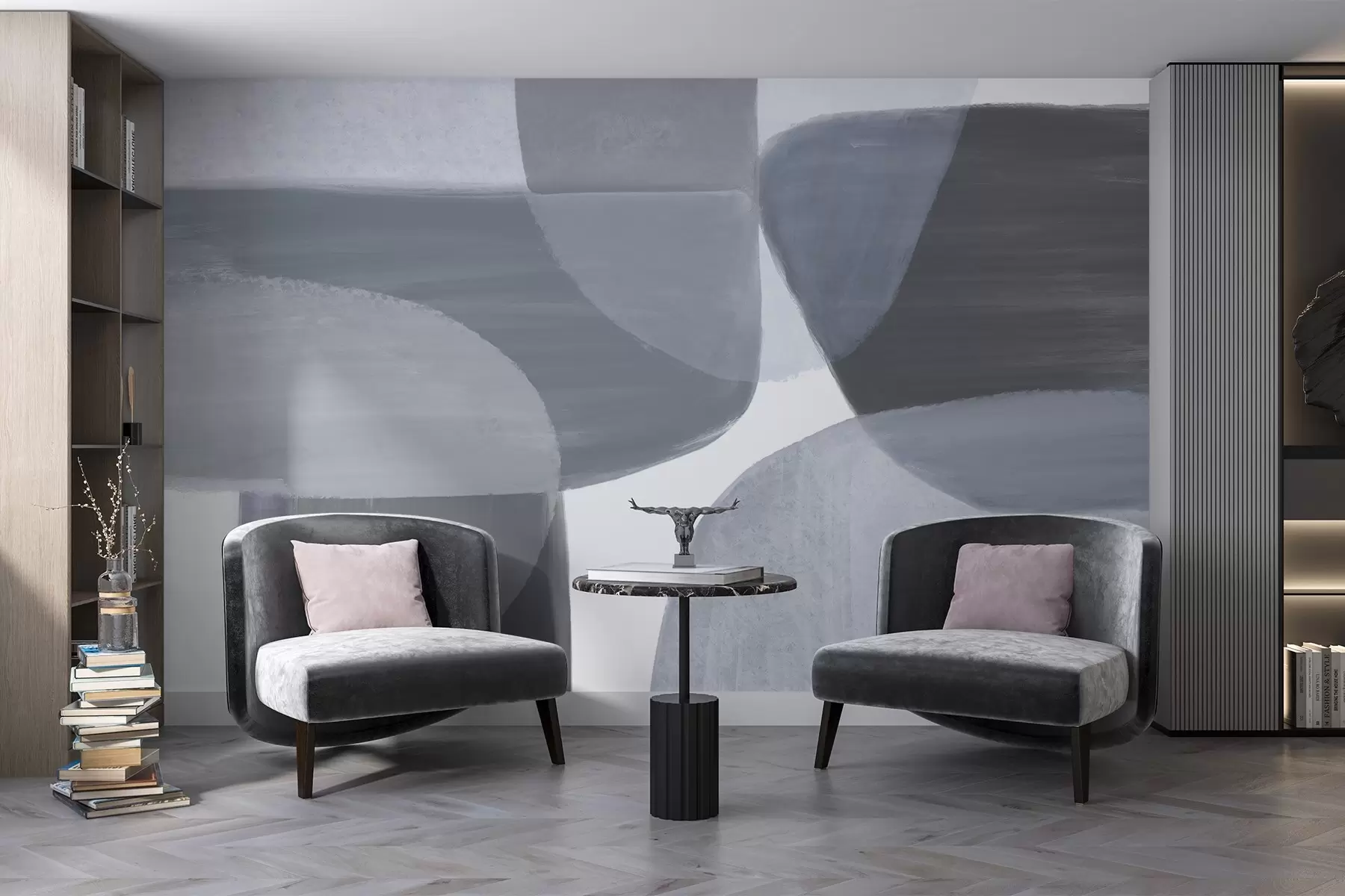 Fototapete Ein monochromer abstrakter Druck mit sich überschneidenden minimalistischen Formen in Grau- und Blautönen w08410