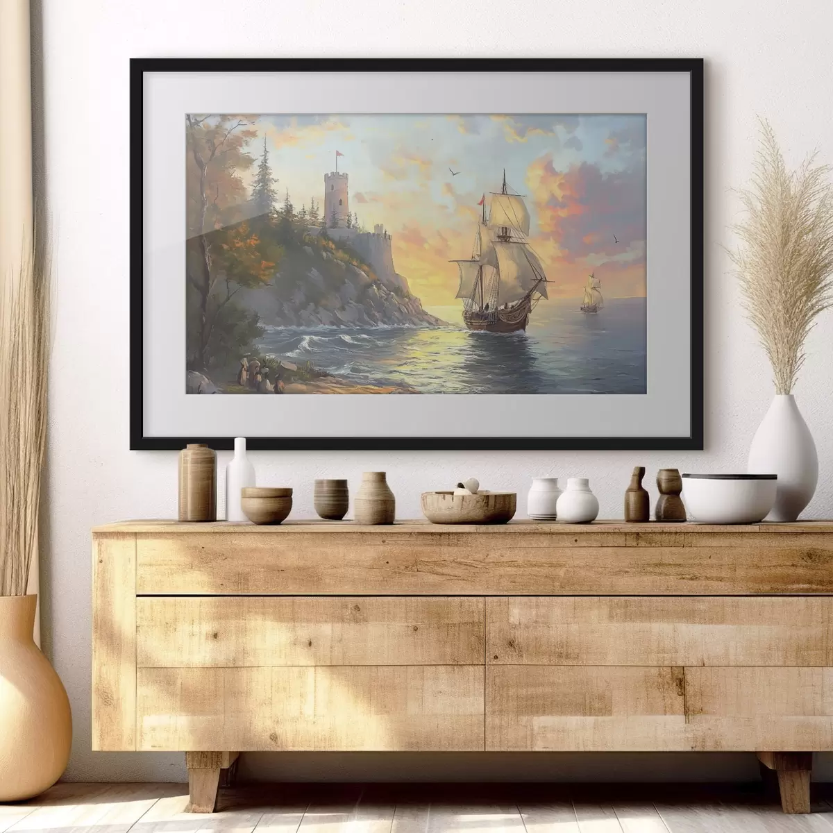 Poster schiff in der Nähe des Ufers in der Morgendämmerung f41626