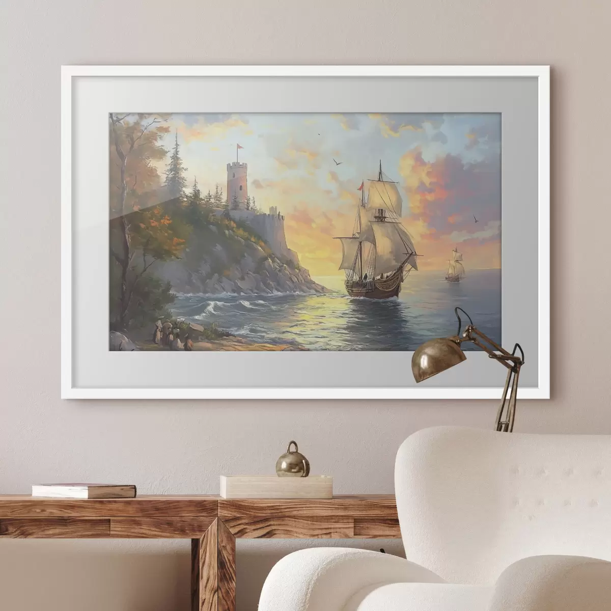 Poster schiff in der Nähe des Ufers in der Morgendämmerung f41626