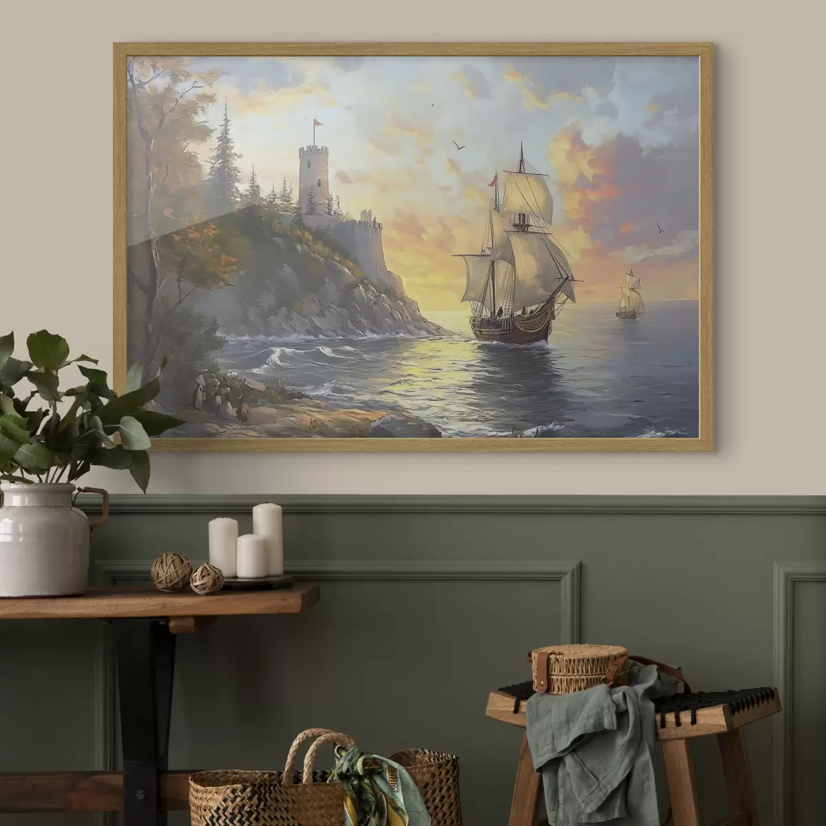 Poster schiff in der Nähe des Ufers in der Morgendämmerung f41626