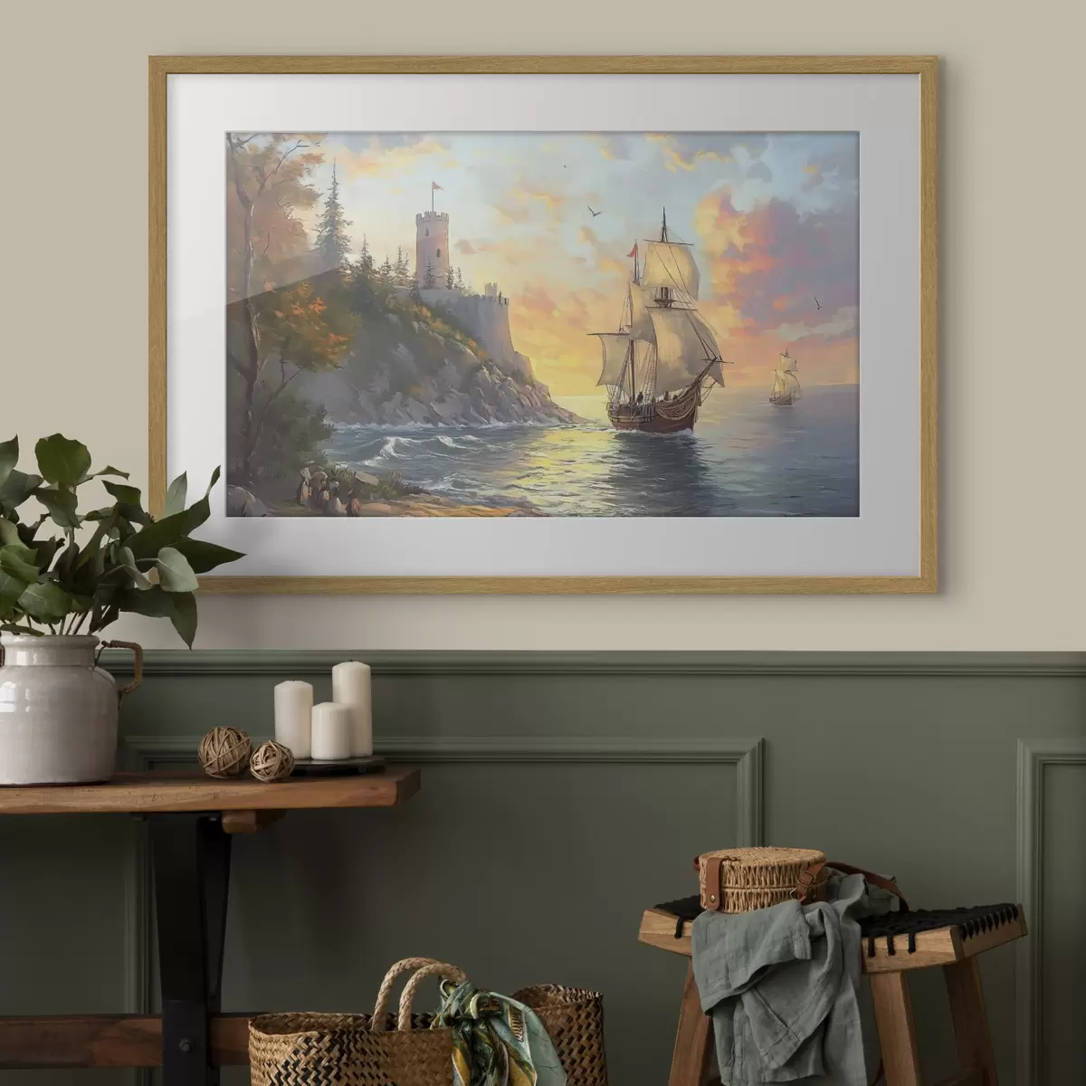 Poster schiff in der Nähe des Ufers in der Morgendämmerung f41626