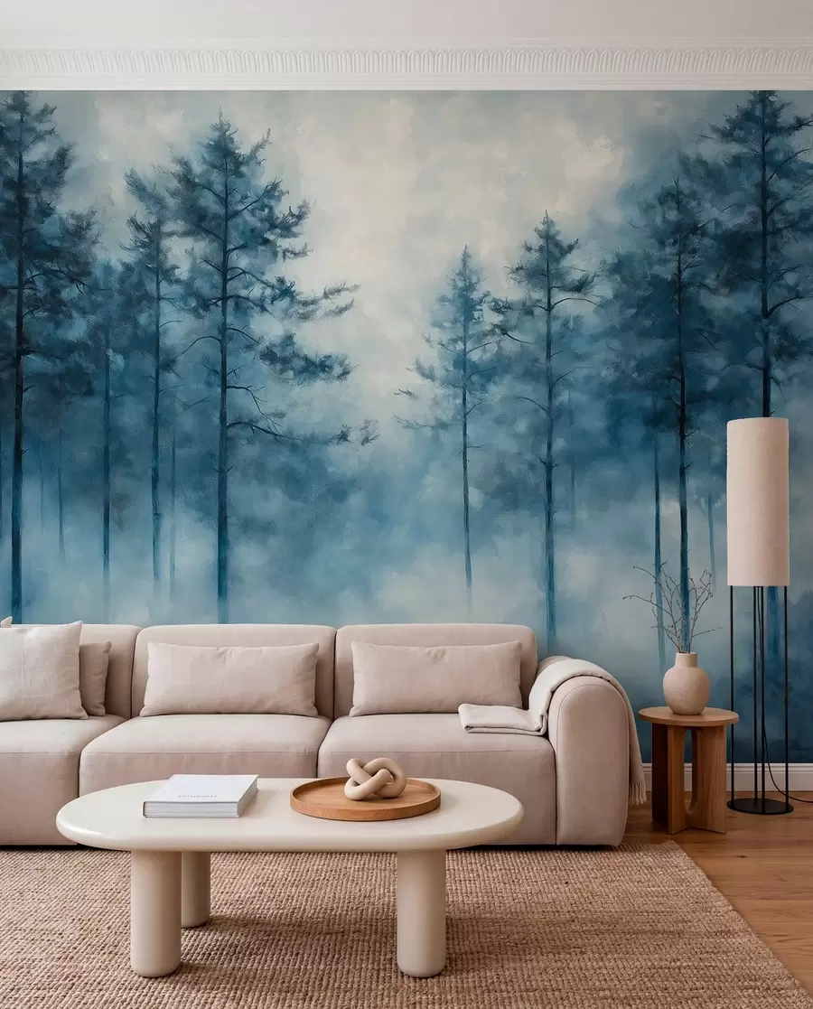 Fototapete Mystischer Wald, Kiefern, Nebel, Acrylfarbe, tiefblaue Farben w02149
