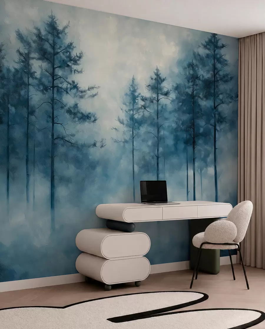 Fototapete Mystischer Wald, Kiefern, Nebel, Acrylfarbe, tiefblaue Farben w02149