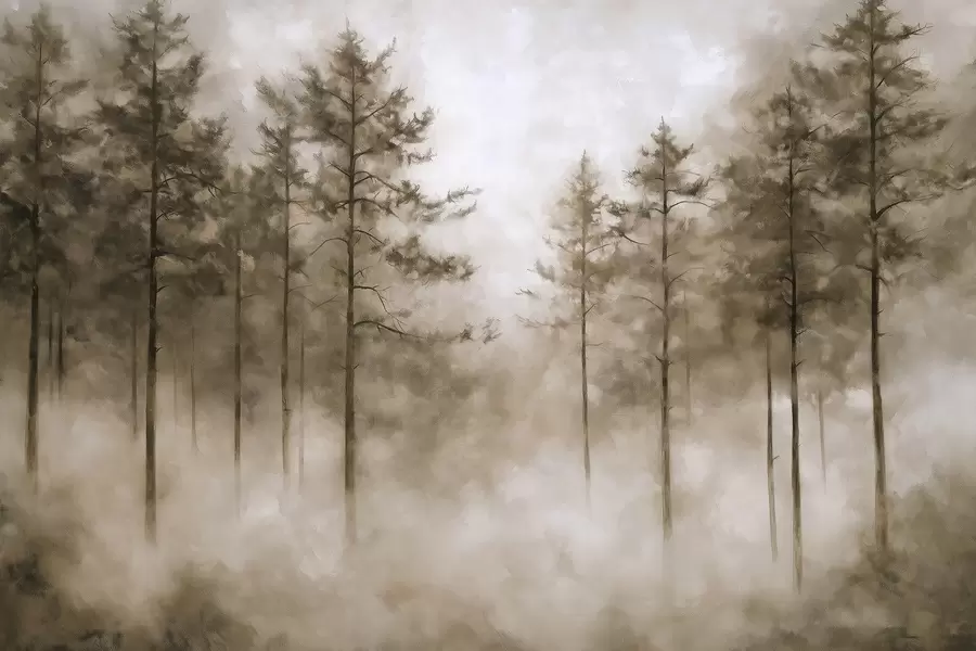 Fototapete Mystischer Wald, Kiefern, Nebel, Acrylfarbe, beige Farben w02149v1