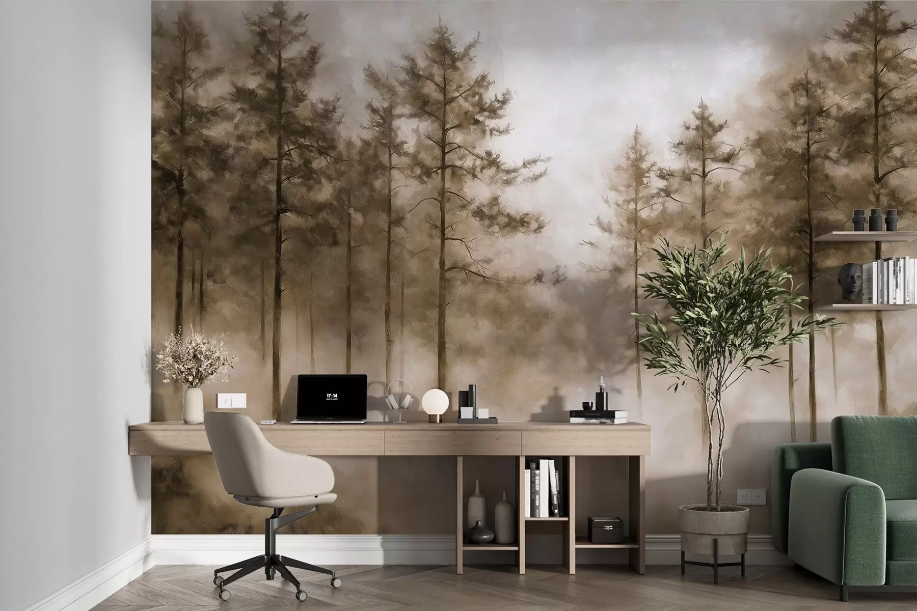 Fototapete Mystischer Wald, Kiefern, Nebel, Acrylfarbe, beige Farben w02149v1