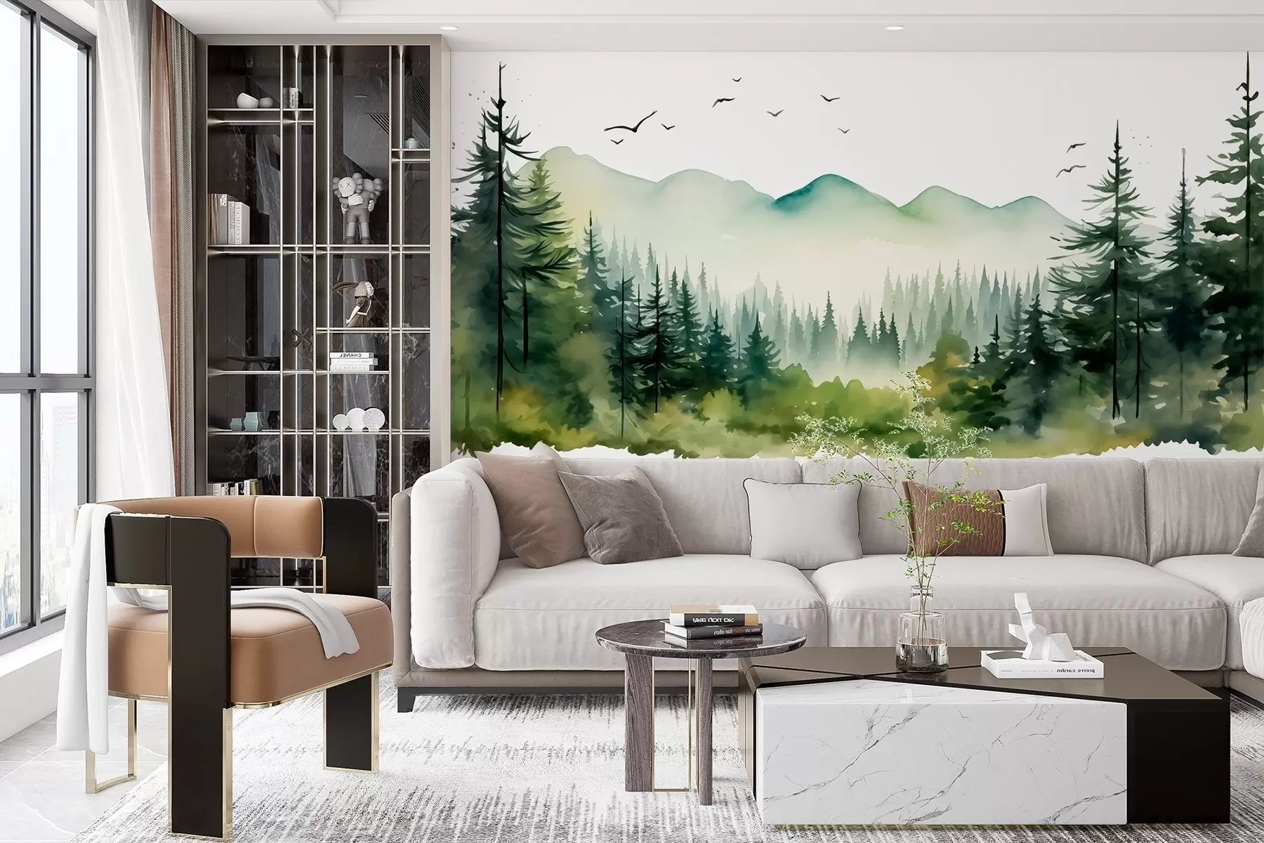 Fototapete Aquarell Wald- und Berglandschaften, grüne Farbpalette  w02150
