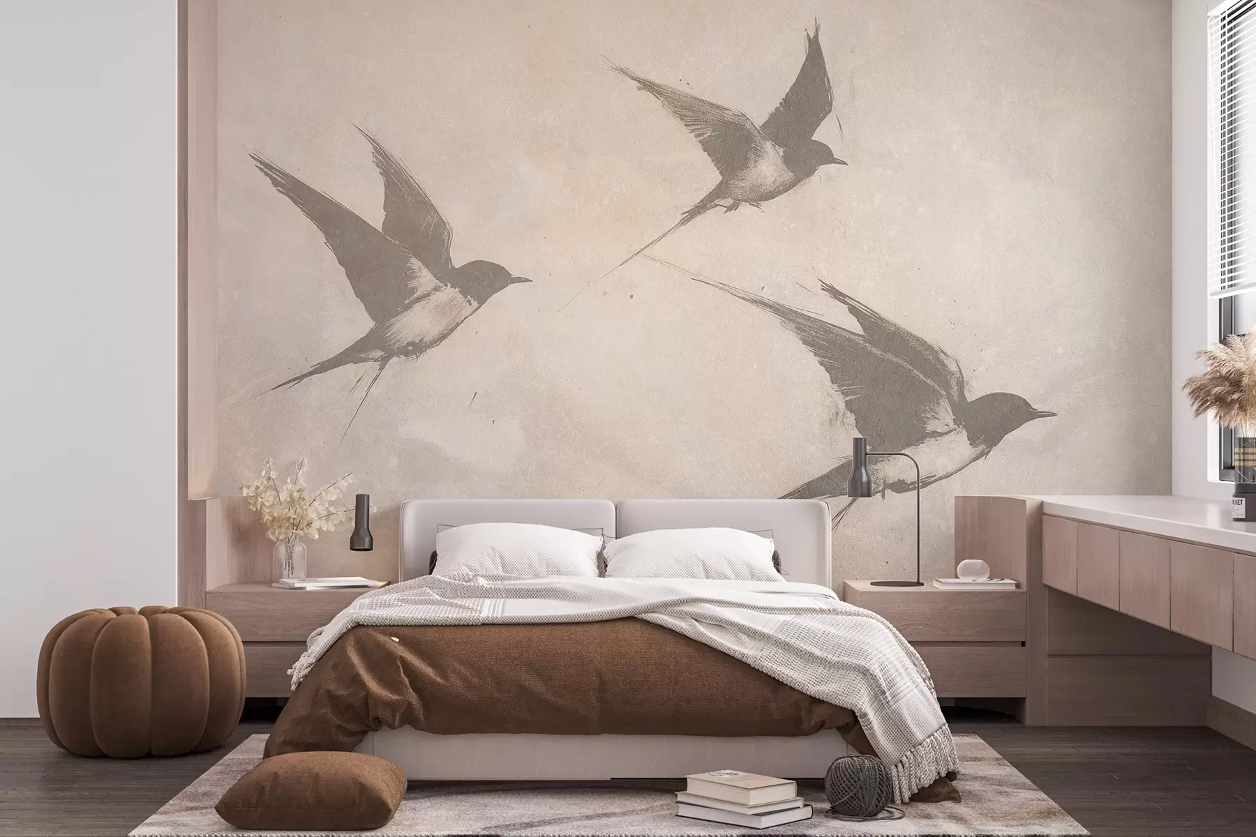 Fototapete Fliegende Vögel, Spatzen, Tuschezeichnung, Minimalismus, beige Farben w02151
