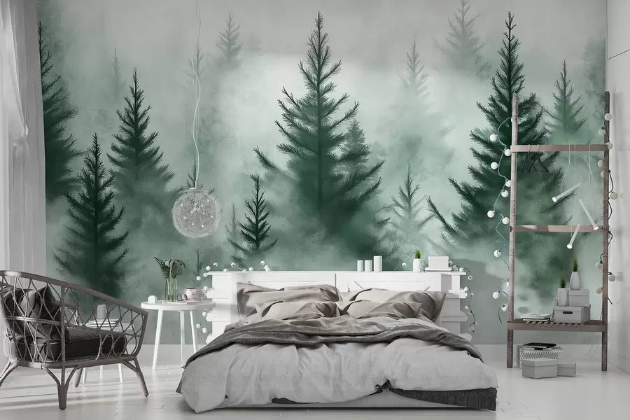 Fototapete Wald im Nebel, Kiefern, Aquarell, grüne Farben w02152v1