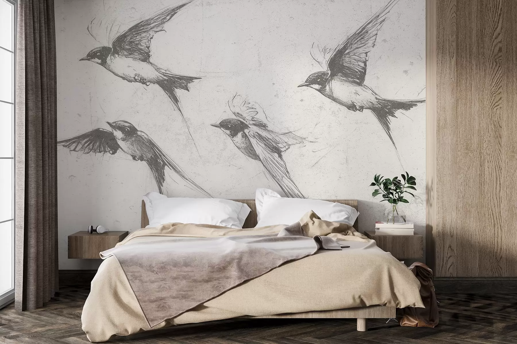 Fototapete Fliegende Vögel, Tuschezeichnung, Minimalismus, graue Farben w02155