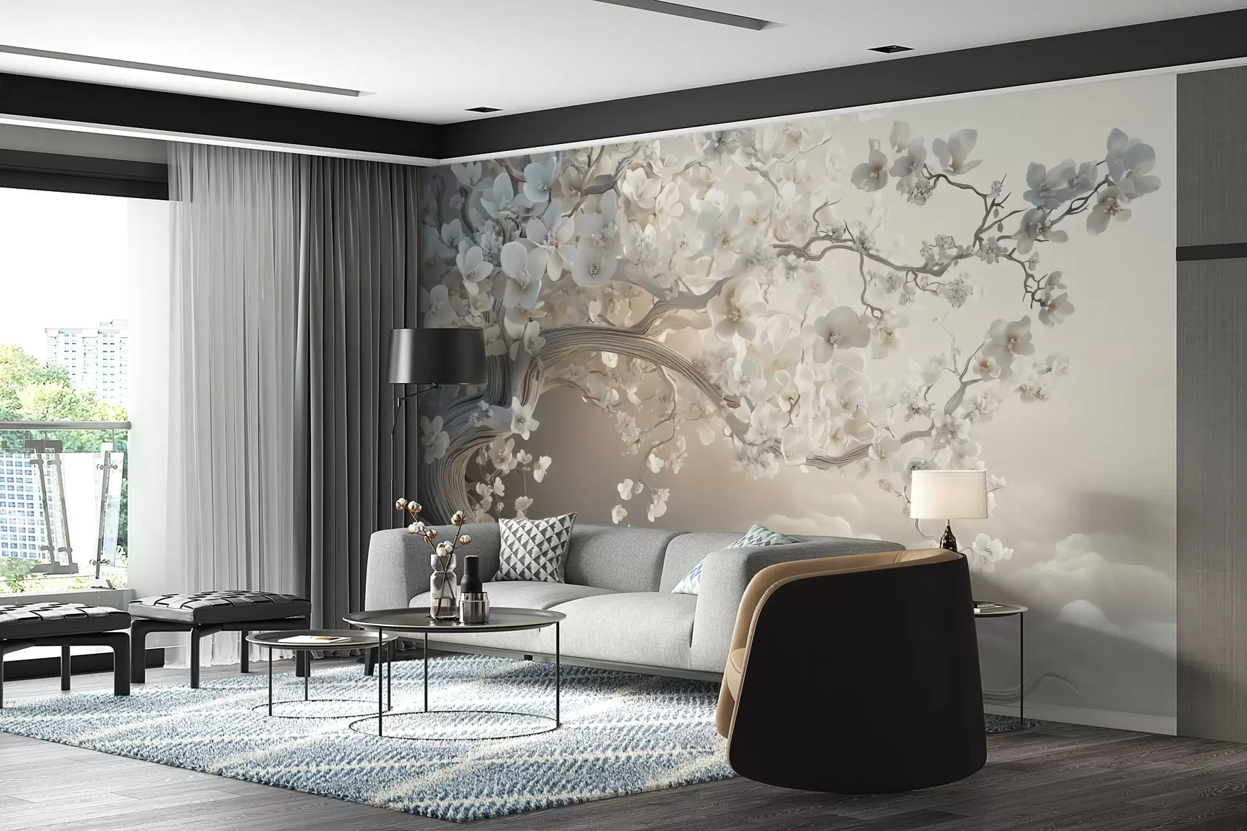 Fototapete Ein charmanter Baum mit weißen Blüten vor dem Hintergrund der Wolken in einem interessanten Stil in zarten warmen Farben w02133